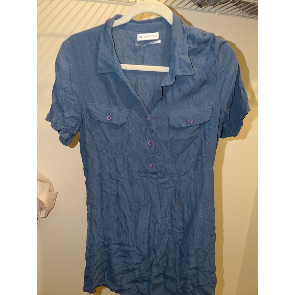 Urban Outfitters Blue Crinkle Short Sleeve Button Front Shirt Mini Dress Medium